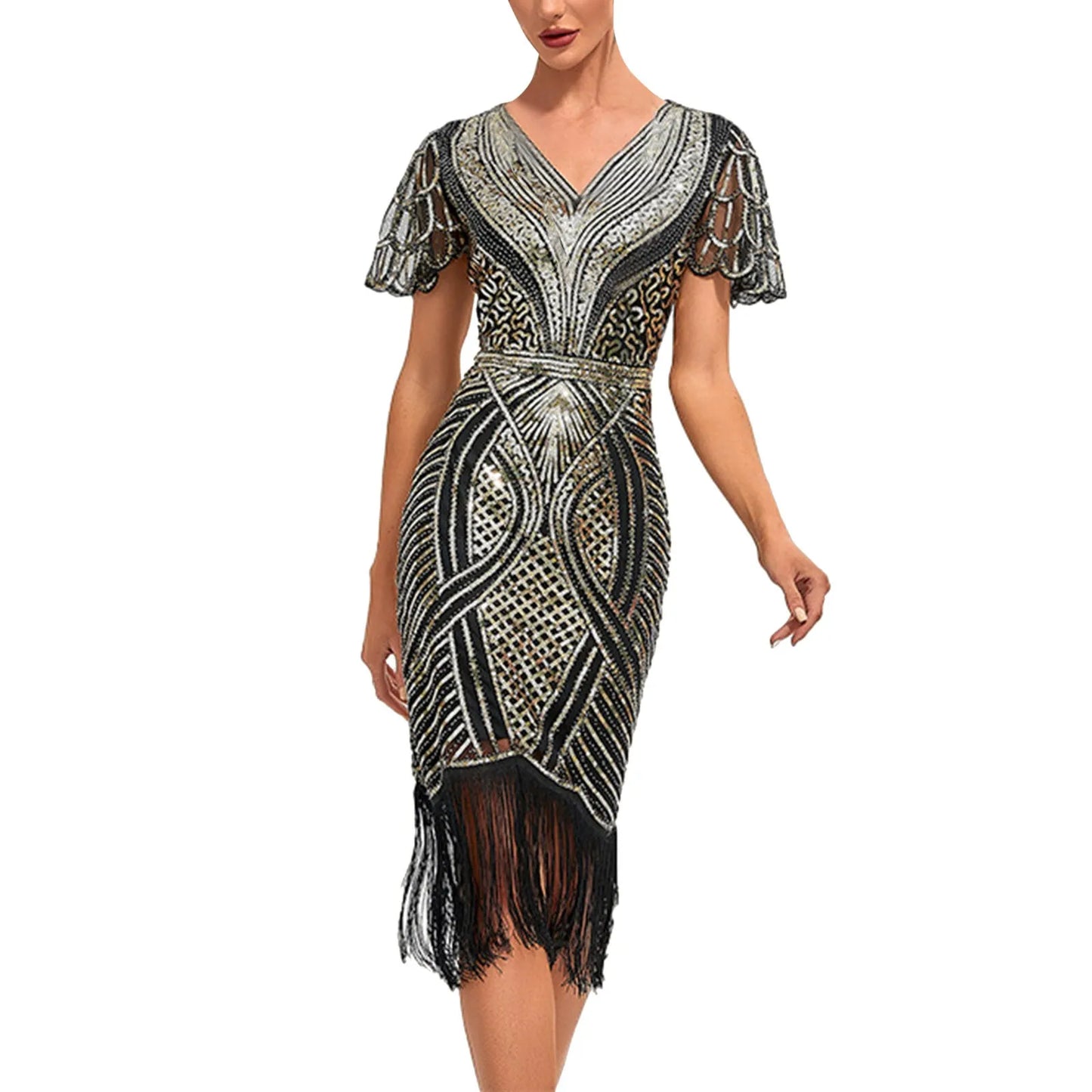 1920s Vintage Great Gatsby Dress Flapper Party Dress Women Tassels Hem Beaded Sequin Dresses Evening Cocktail Dress Elegant Robe