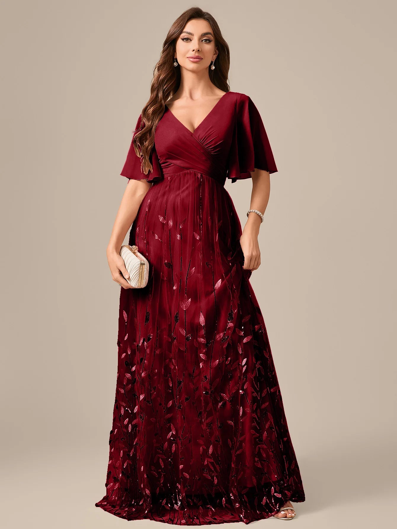 UNITHORSE Random Cutting V-neck Lace-Trimmed Sleeves Chest Pleats Leaf Pattern Tulle Patchwork Evening Dress