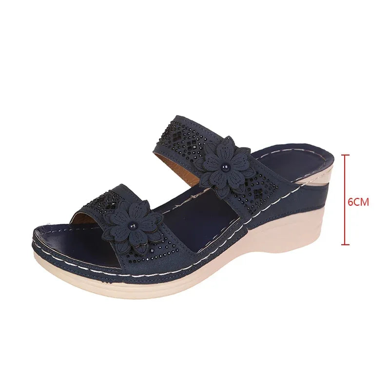 2024 Summer Women Slippers Plus Size Women's Shoes Retro Roman Sandals Women Pu Casual Flower Wedge Sandals Platform Slippers