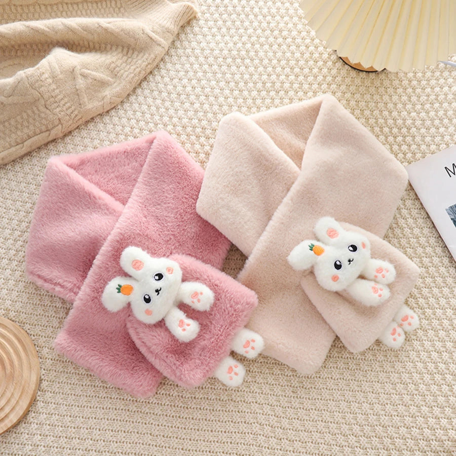 Girls Winter Warm Scarfs Thick Plush Cross Children's Scarf Baby Bib Cute Cartoon Rabbit Faux Fur Cross Neckerchief Protection S