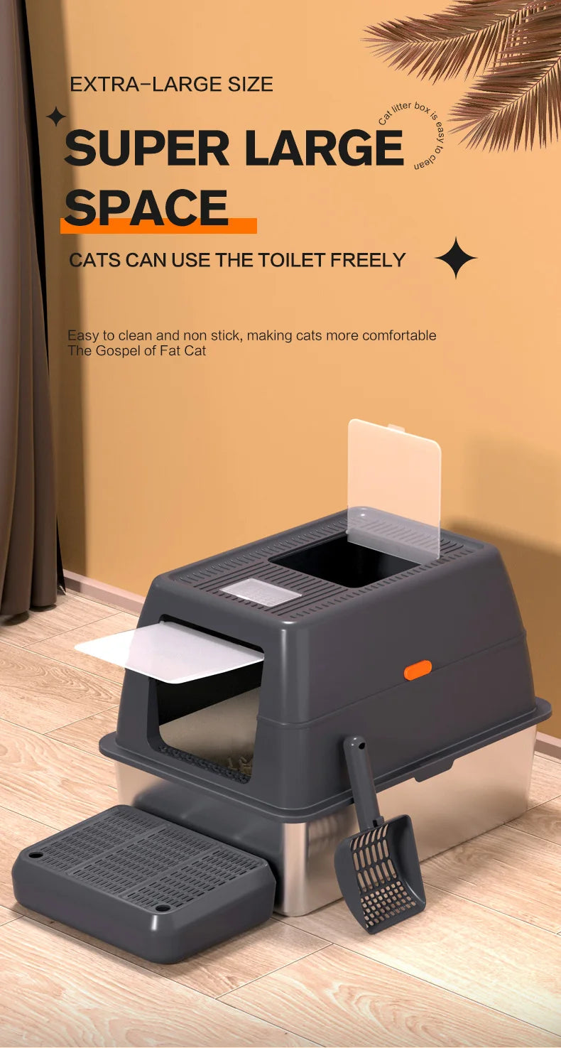 XXXL Stainless Steel Litter Box with Lid，Extra Large 28"L*20"W*18.1"H Metal Cat Litter Boxs,Jumbo Enclosed Removable Litter Box