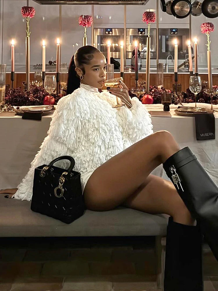 Nibber Street Fashion 2 Piece Set Woman o-Neck Full Sleeve Furry Tassel Sweater+Turtleneck Skinny Romper Causal Elegant Outfits