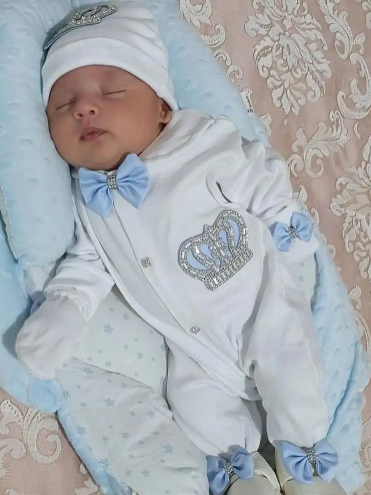Dollbling Baptism Outfit Boy Prince Luxury Bling Christening Coming Home Romper Bonnet Set Mittens Nursery Hospital Clothing set