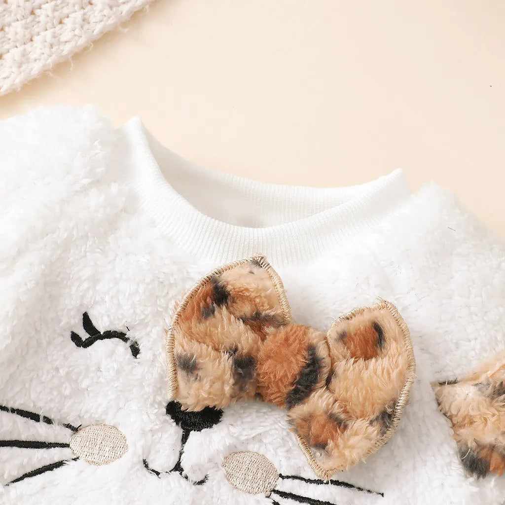 Winter 3PCS Baby Girl Clothes Sets Long Sleeved Plush Cute Top+Leopard Print Skirt+Hat Fashion Outfits for 0-3Years Toddler Girl