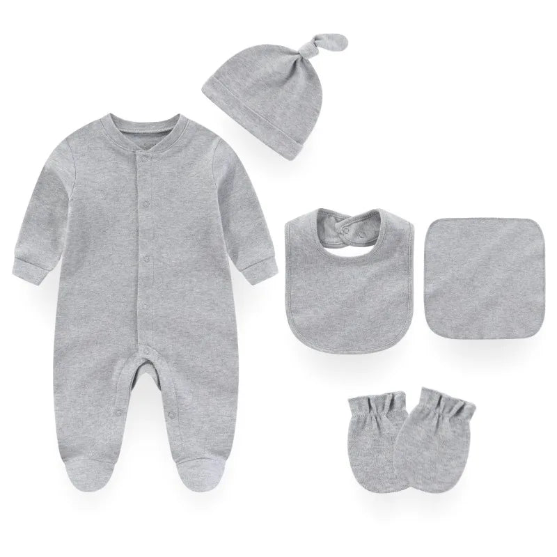 Kiddiezoom 7 Colors Solid Unisex Baby Boy Girl Romper+Burp Cloth+Bib+Hats+Gloves Baby Clothing Sets