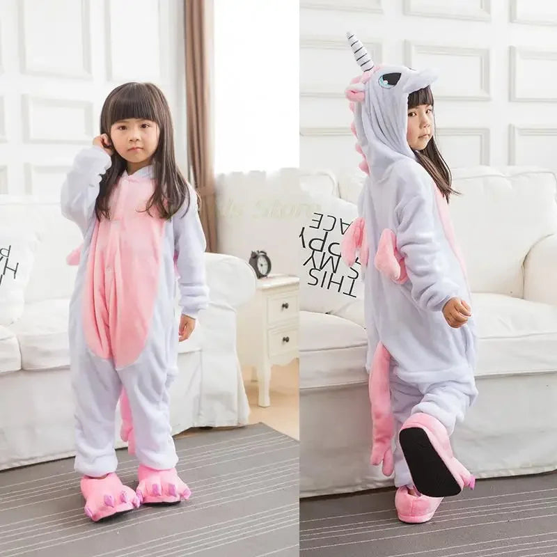 4 6 8 10 12 Years Girls Black Cat Jumpsuits Unicorn Pajamas Kigurumi Toddler Kids Hooded Flannel Home Wear Children Onesie