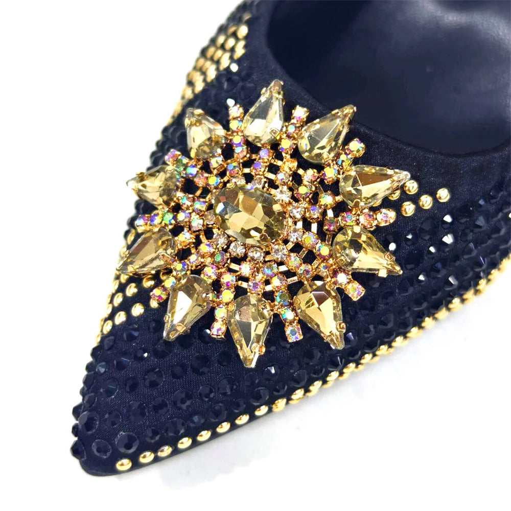 2024 New Designer Specials Italian Women Heels Shoes and Bag Set Royal Purple Color Comfortable With Rhinestone for Party