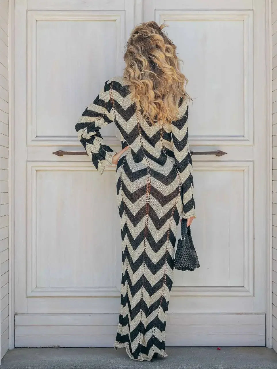 2025 Women's  Stripled Long Sleeve Slim Elegant Knitted Maxi Dress V Neck Autumn New Lace Up Hollow Sexy Beach Cover Up Dress