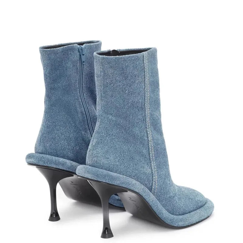 2025Women's New Slim High-heeled Knee High Boots with Side Zipper Round Toe 34-43 Large Mid Length Boots