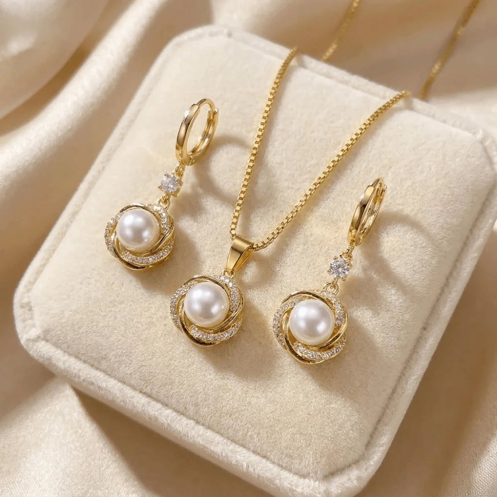 Gifts Versatile Zircon Jewelry Sets Dainty Trendy Imitation Pearl Jewelry Sets Elegant Shining Necklace Earrings Sets Evening