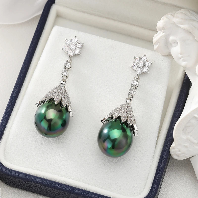 SENYU Luxury Emerald Color Water Drop Shell Pearl Drop Earrings Shiny Women Zircon Earrings for Wedding Brides Jewelry Gifts