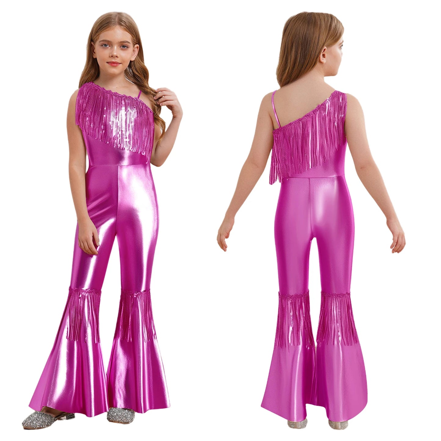 Halloween Kids Girls Hippie Costume Tassels Unitard Bell-bottom Long Pants Bodysuit Jumpsuit for Disco Dance 60s 70s Rave Party