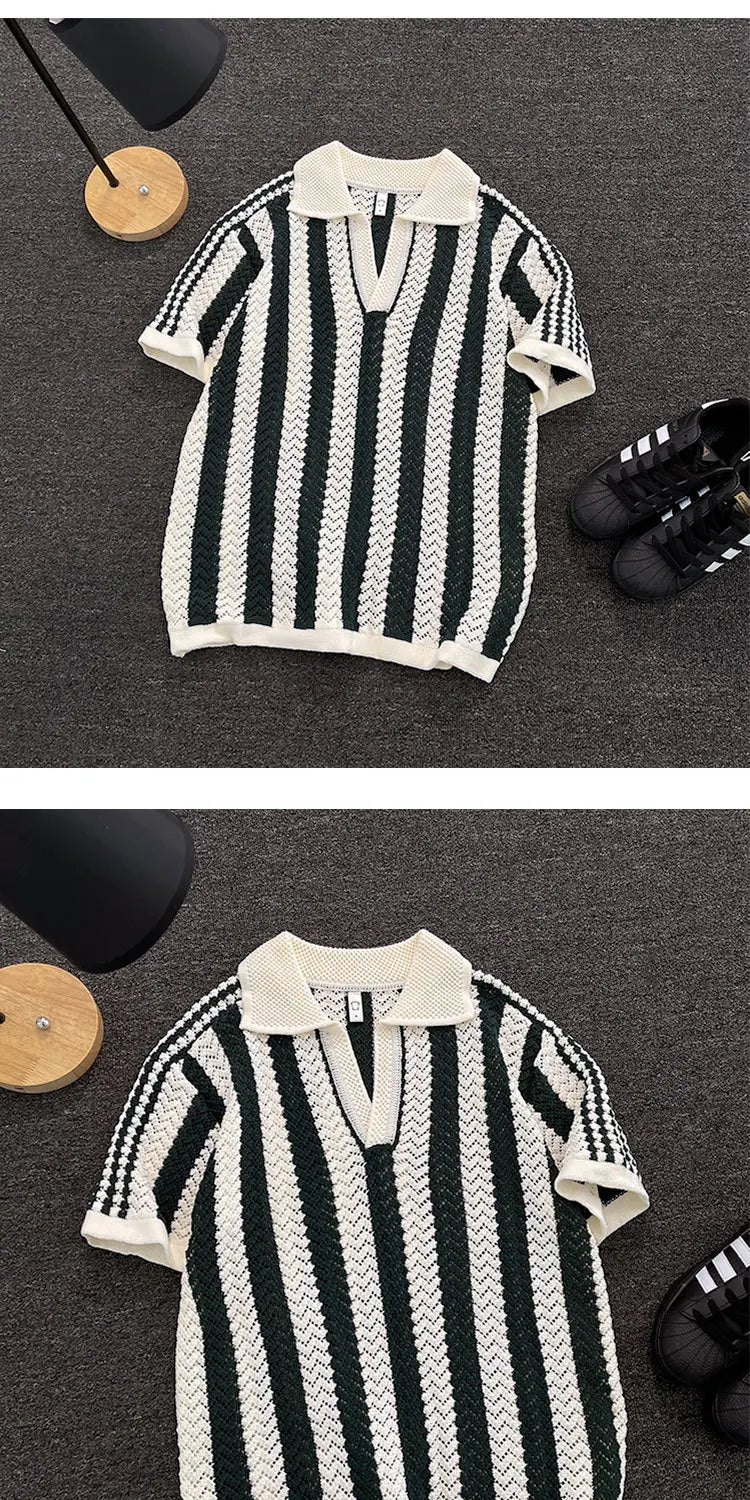 Men's Short Sleeve  Shirt Knitted Hollow out V-Neck Summer Breathable Stripe Pattern Versatile Casual T-Shirt