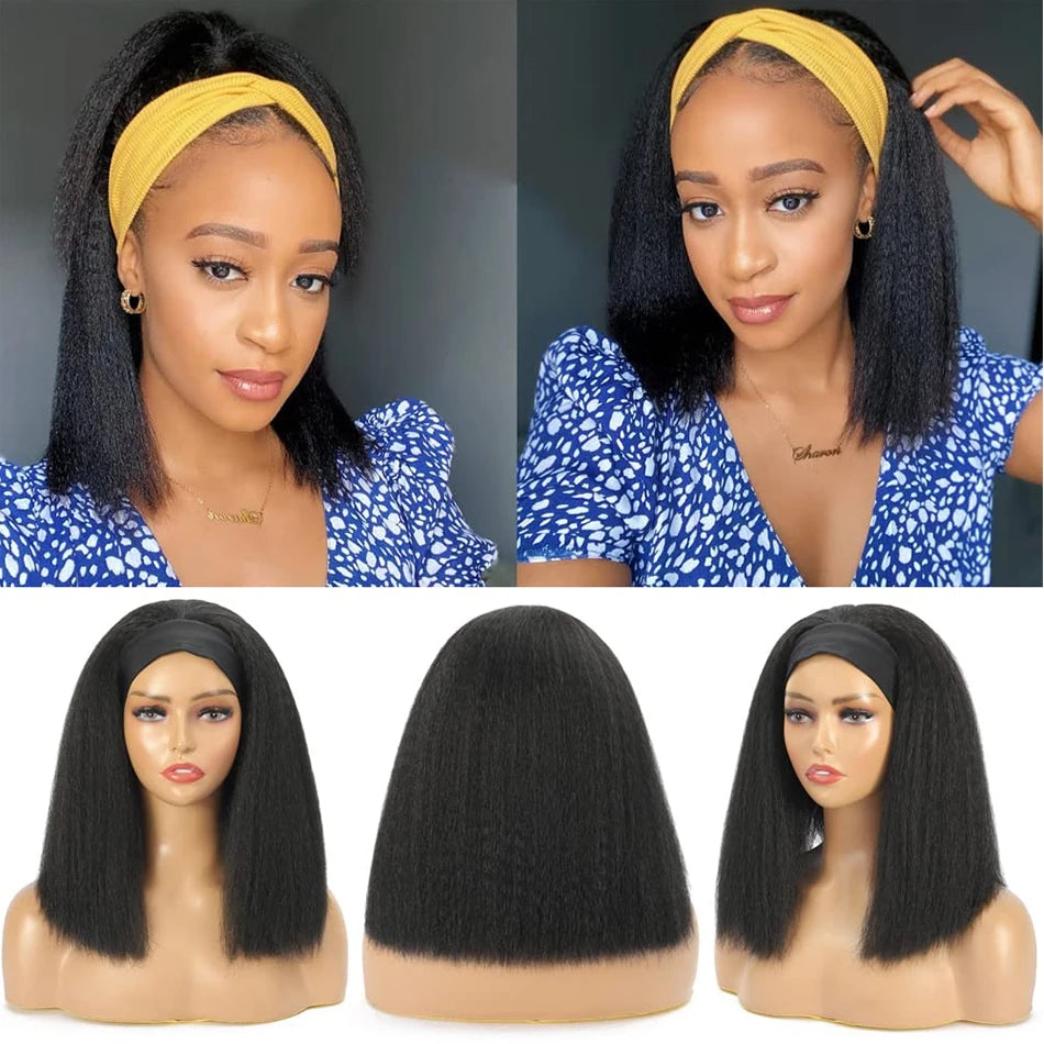 Kinky Straight Short Bob Headband Wig For Women Brazilian Remy 100% Human Hair 250% Cheap Full Machine Made Headband Half Wig