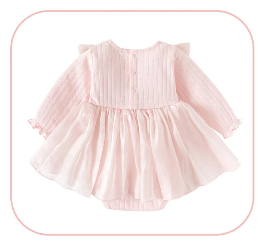 Spring Autumn Newborn Girls Clothes Korean Cute Bow Mesh Cotton Long Sleeve Princess Bodysuits+Hat Baby Boutique Clothing B038