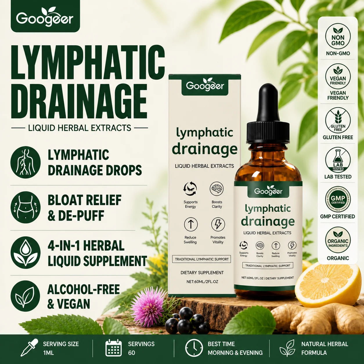 Googeer Lymphatic Drainage Drops for Bloat Relief & De-Puff, Lymph Node Detox Cleanse, Fluid Retention, Alcohol-Free 60 Servings