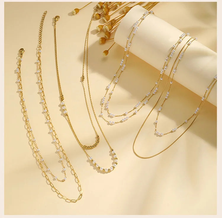Pearl Choker Necklaces For Women, Double Layered Pearls Chain Necklace, Minimalist Stainless Steel Wedding Jewelry