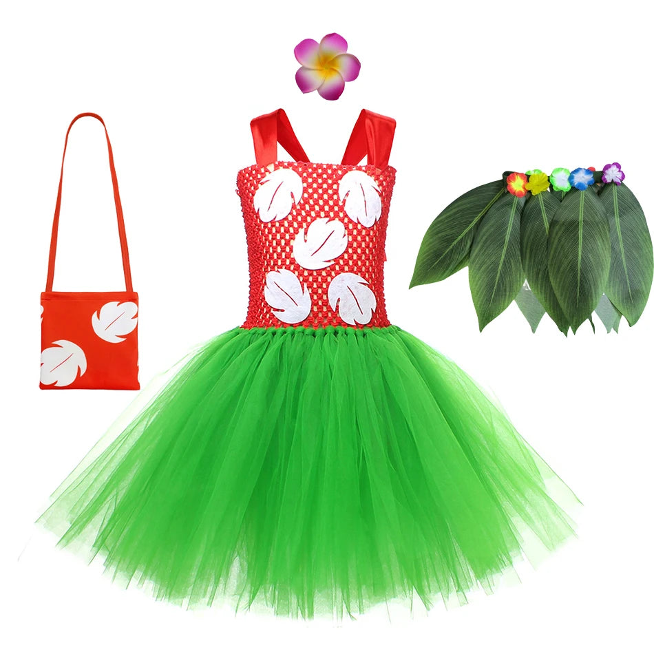 Halloween Costume for Girls Chirdren Summer Red and Green Floral Hawaiian Party Dress with Wreath Outfit for Halloween