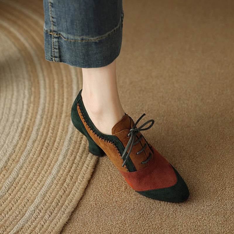 2025 New Spring Autumn Retro Mature Women Pumps Office Ladies High-heeled Lace-Up Genuine Leather Suede Shoes Woman High Quality