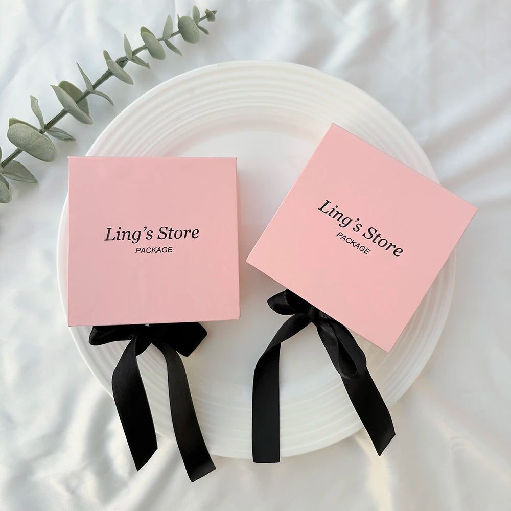 50pcs Pink Personalized Logo Jewelry Flap Bowknot Box Earrings Ring Perfume Watch USB Keychain Organizer Velvet Bag Storage Sack