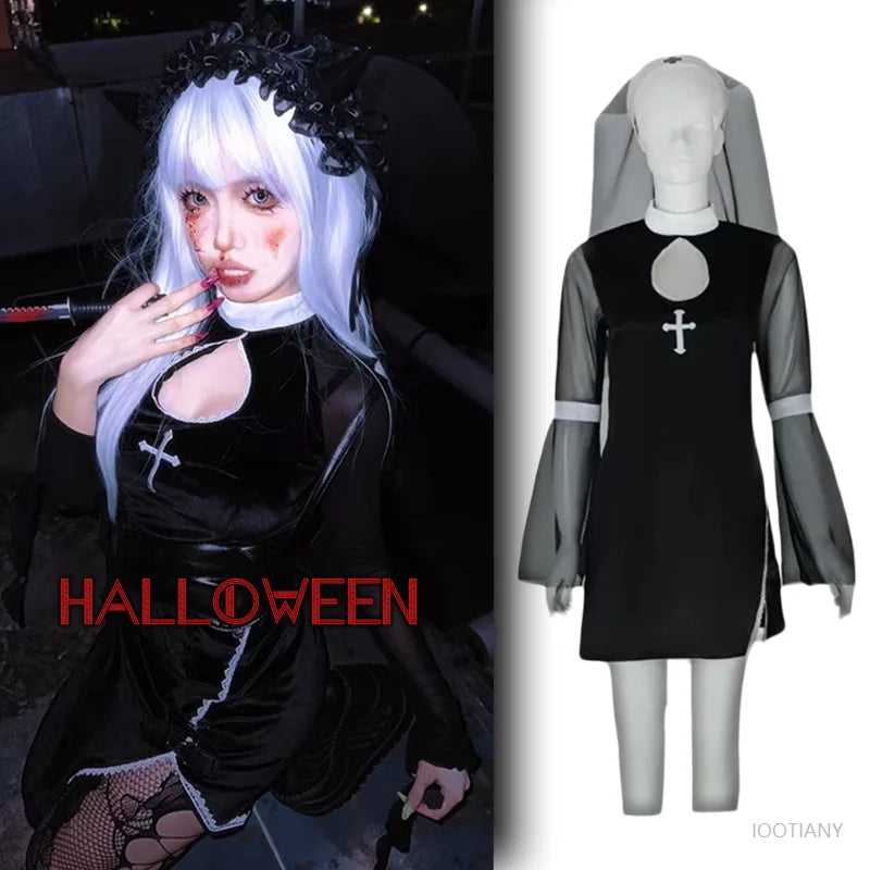 2026 Halloween Costumes For Women Nun Cosplay Dress Gothic Sexy Tempting Uniform Party Performance Clothing Horror Movie Prop