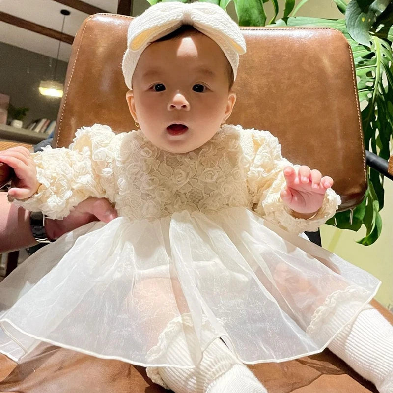 Baby Girls Autumn Romper Dress Long Sleeve Lace Floral Tulle Patchwork Romper with Headband