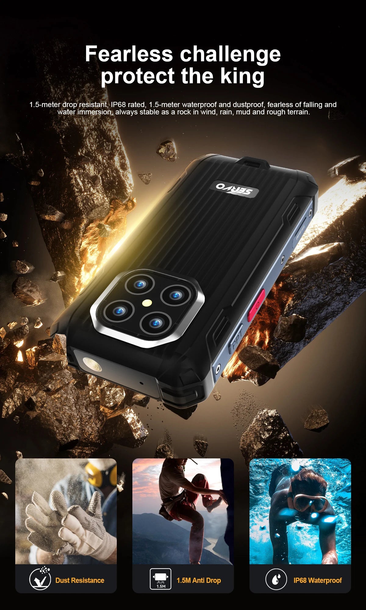 SERVO TANK500 4G PTT Smartphone Android 12 6+128GB Dual Camera 5MP+13MP 3.88"Display IP68 Waterproof Rugged Mobile Phone 3000mAh