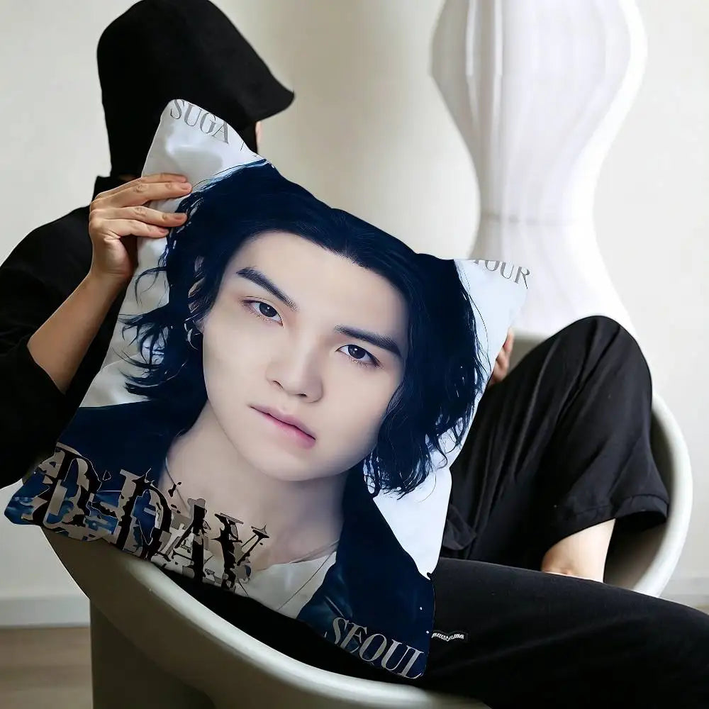 Kpop Singer S-Suga A-Agust D Office Cushion Pillowcase Car Cushion Cover45X45CM Lumbar Pillowcase Sofa Pillowcover
