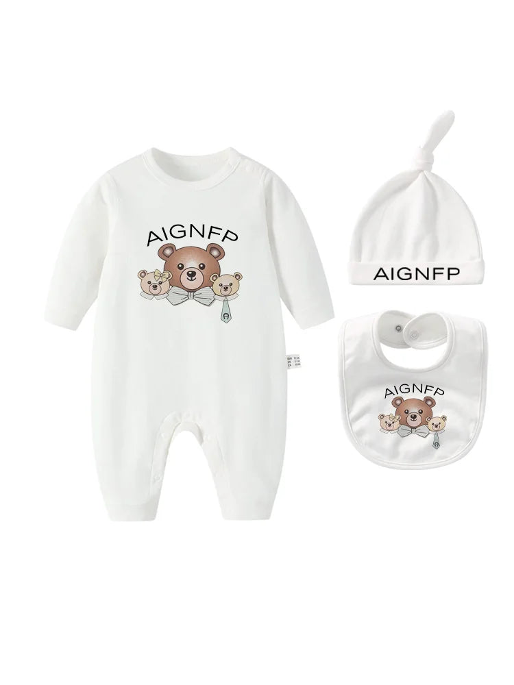 Cute Bow Bear Romper Newborns Clothes Autumn 2025 Hot Sale New Toddler Jumpsuit Hat Bib scarf Set Baby Girls Long sleeves Romper