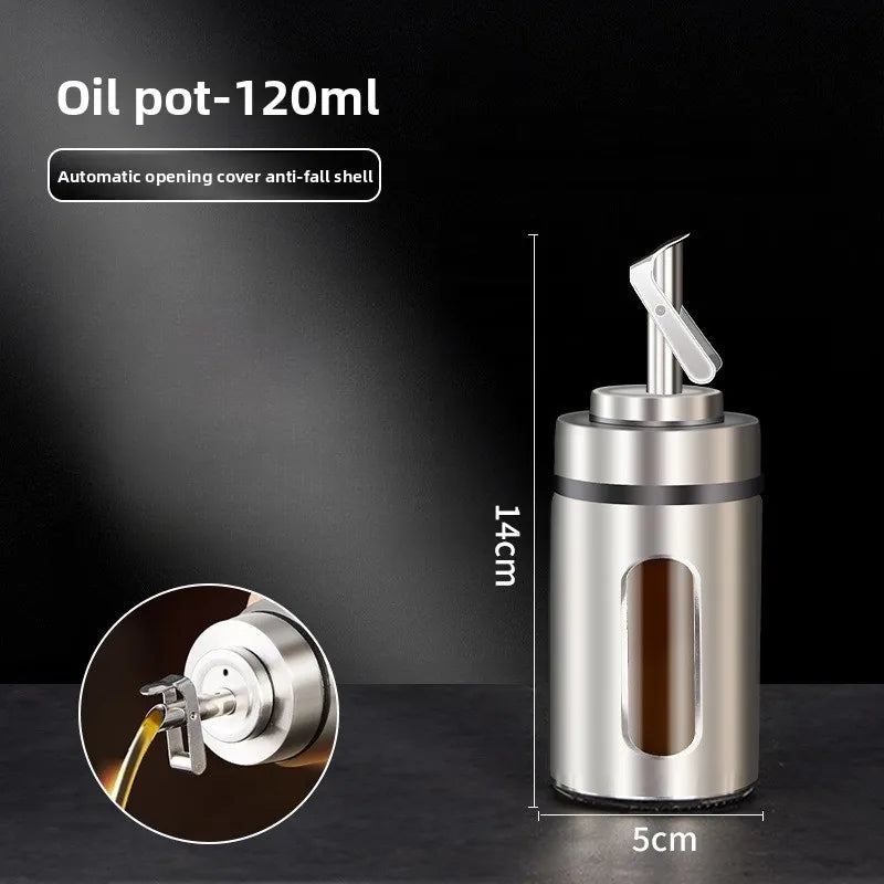 Stainless Steel Glass Oil Dispenser, Auto Open and Close Sauce Vinegar Condiment Bottle, Kitchen Household Oil Can
