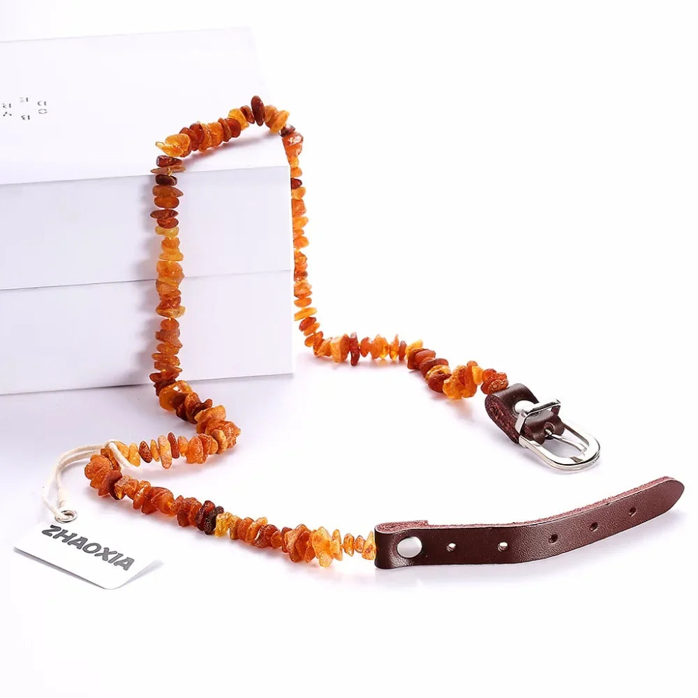 Raw Baltic Amber with Adjustable Leather Strap for Dogs and Cats