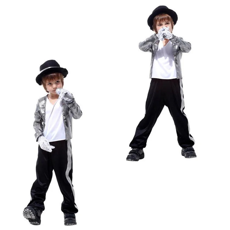 Boy Michael Jackson Billie Jean Cosplay Black Suit Dance Disco Halloween Fancy Dress Up 80s Pop King Costume for Kids