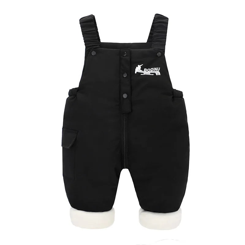 2025 Autumn Winter Baby Boys Overalls Solid Color Lining Plush Keep Warm Jumpsuit For 1-4Y Toddlers Kids Down Cotton Trousers