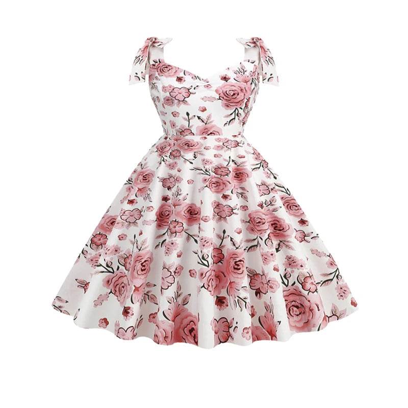 2024 New Fashion Women Summer Dress Retro 50s 60s Robe Femme Rockabilly Pinup Party Vestidos Casual Elegant Floral Office Dress