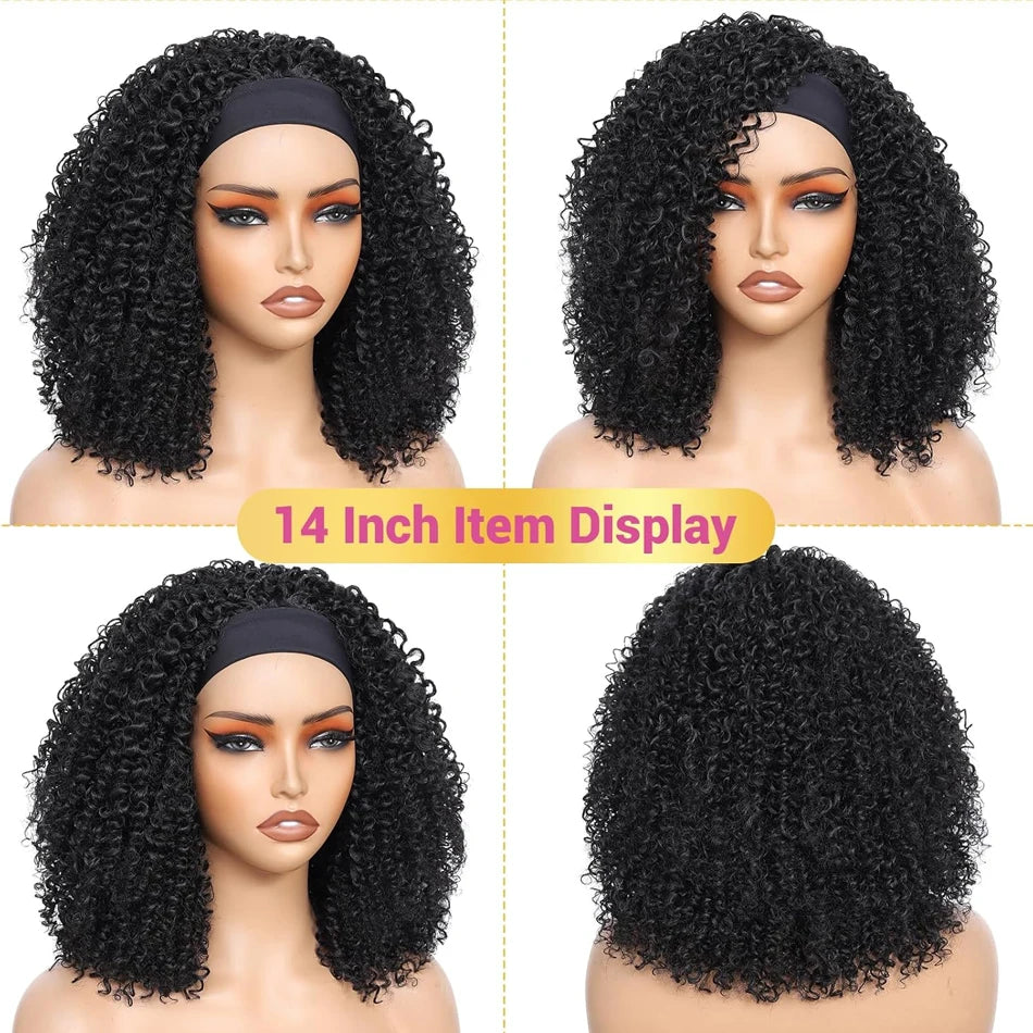 Afro Kinky Curly Headband Human Hair Wig For Women Water Curly Wigs With Black Headband Hair Easy to Style No Lace Front No Glue