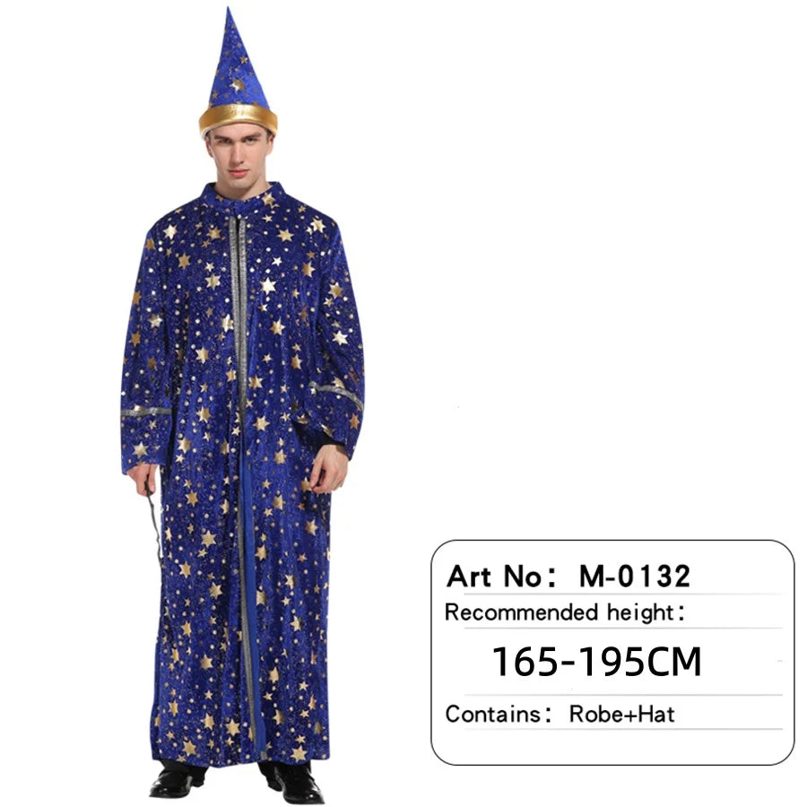 Halloween Wizard Set Includes Hat, Robe, Cloak, Magician Costume, Unisex Cloak, Vampire Costume, Blue Star and Moon Magic Magici