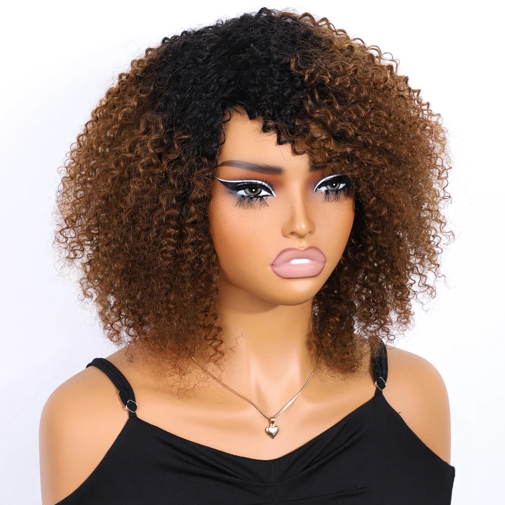 Lekker Highlight Brown Kinky Curly Bob 100% Human Hair Wigs For Women Brazilian Remy Hair Full Machine Made Clearance Curly Wigs