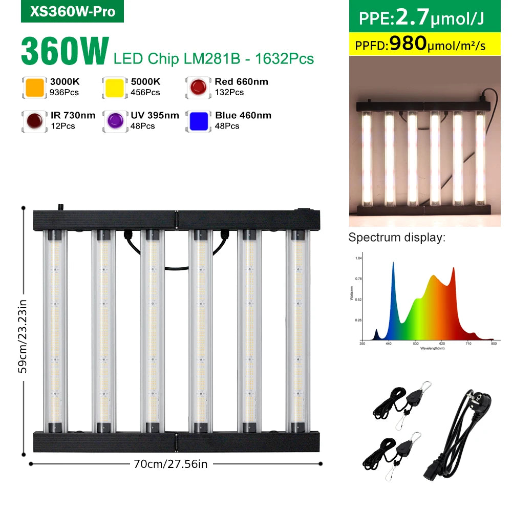 360W 720 Upgraded Full Spectrum Grow Light Aluminum Frame Foldable Waterproof SMD LM281B Garden Greenhouse Tent Grow Light