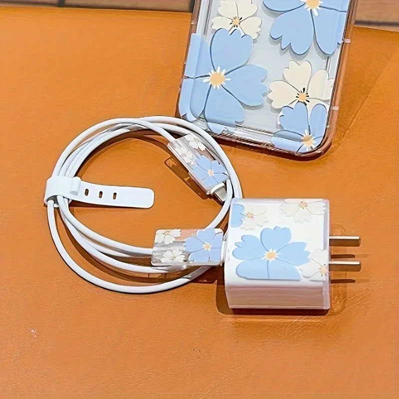 Fashion Flowers Print Charging Data Cable Protector Case For iPhone 18W 20W Charger Protective Cover Winder Accessories Sleeve