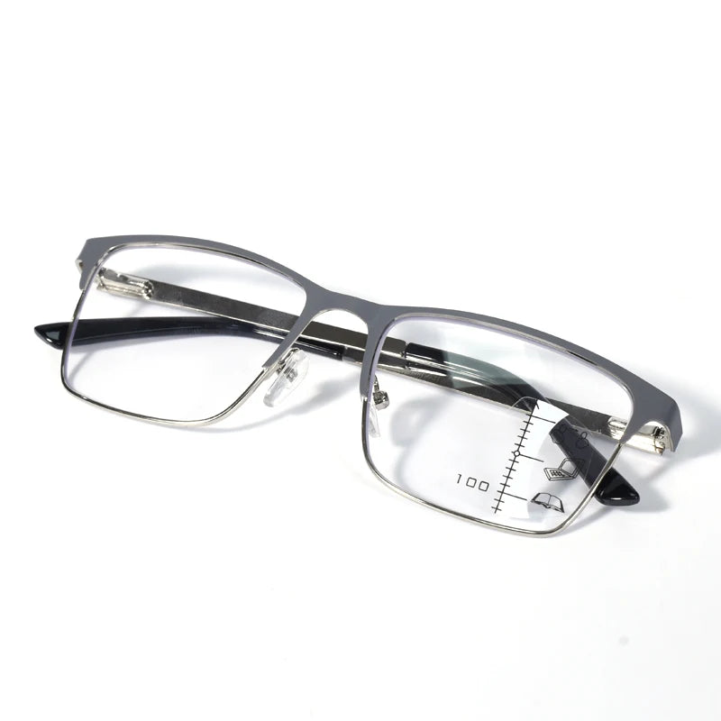 Double Color High Quality Multifocal Reading Glasses Men Women Stainless Steel Frame, Progressive Lens For Blue Light Blocking+1