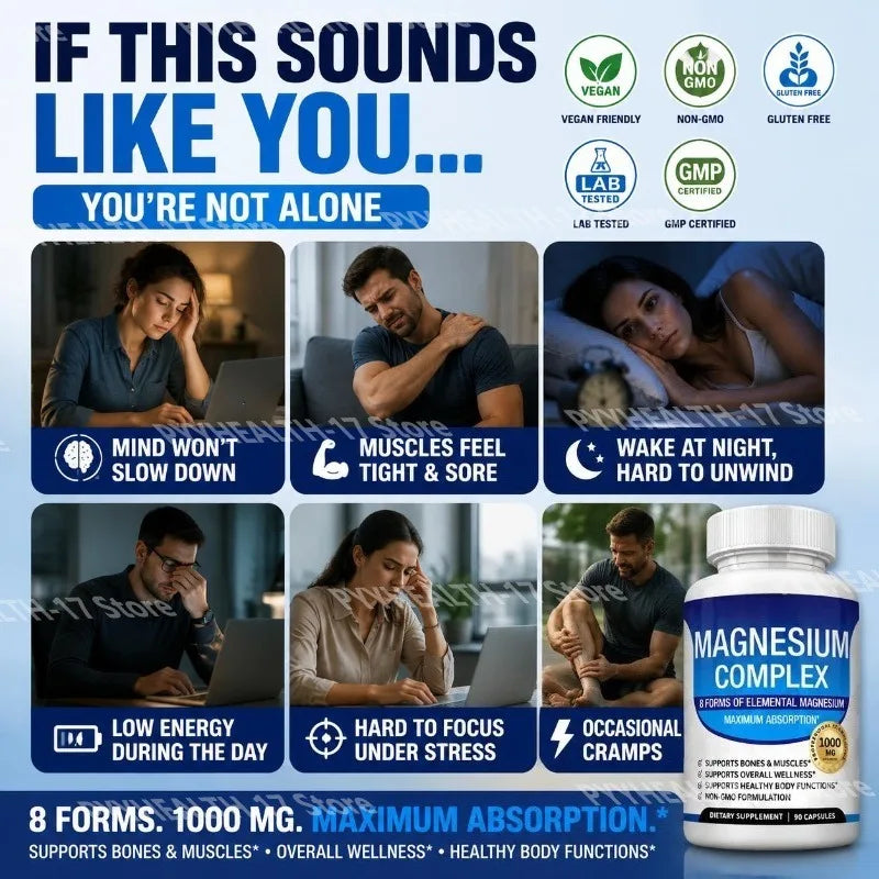 Nutrition Magnesium Complex Capsules 8-Form Elemental Magnesium Supports Healthy Body Functions 1000 Mg 90 Capsules