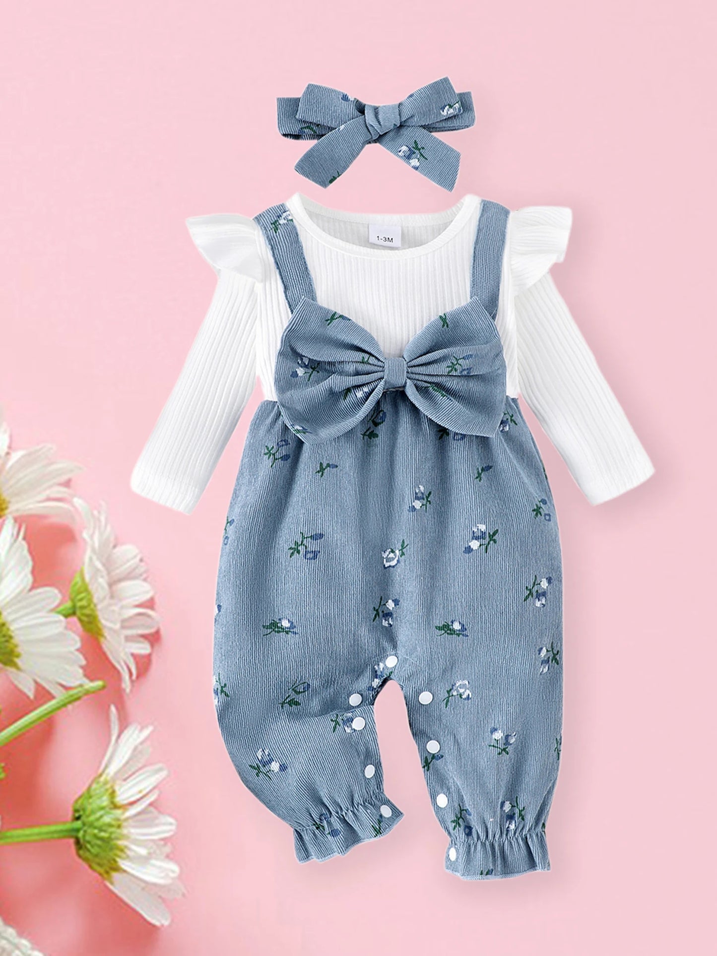 Sweety Baby Girls Long Sleeve Romper Floral Print Fake Two Pieces Patchwork Bow Jumpsuits Headband Set