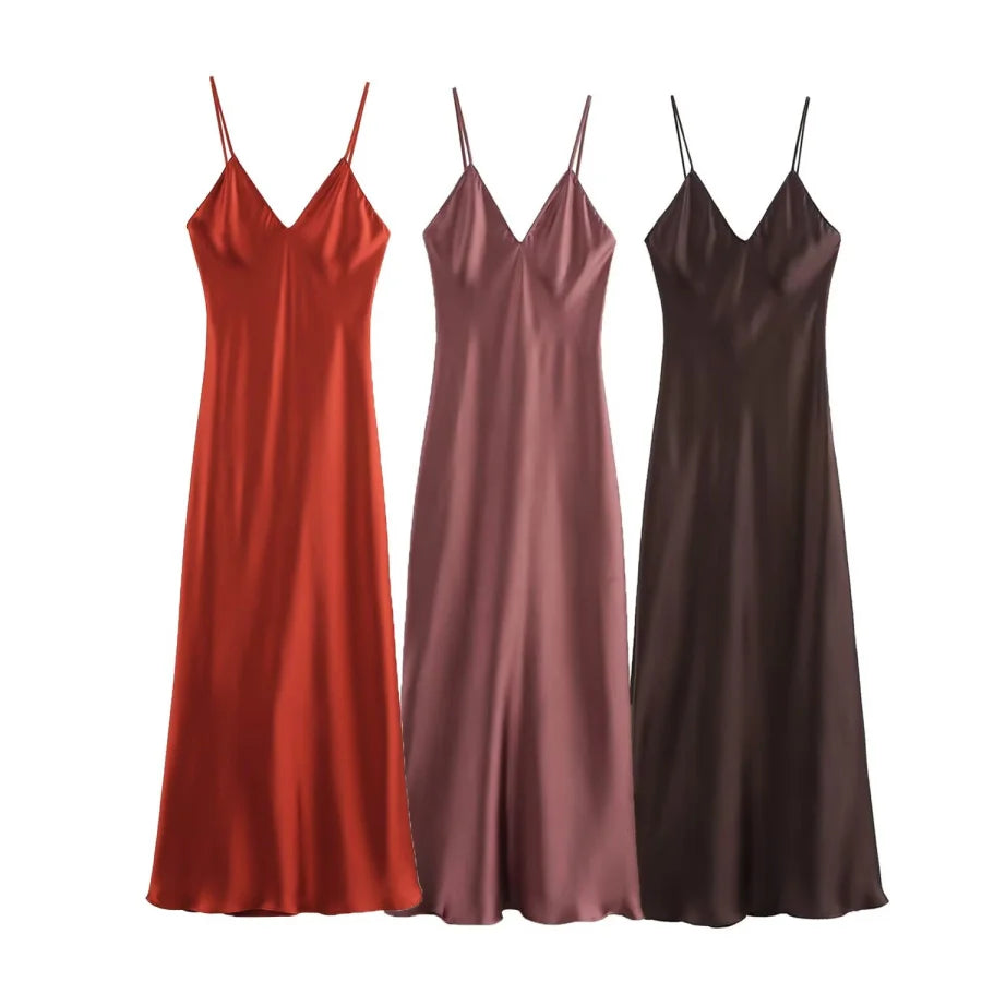 2025 New Elegant women's fashion silk satin texture MIDI dress sexy backless party slip dress