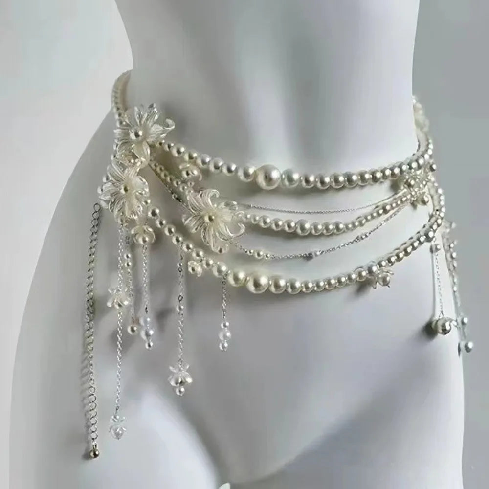 Fashion Elegant Pearl Waist Chains Versatile Waist Accessory Floral Belly Chain Boho Body Jewelry Women