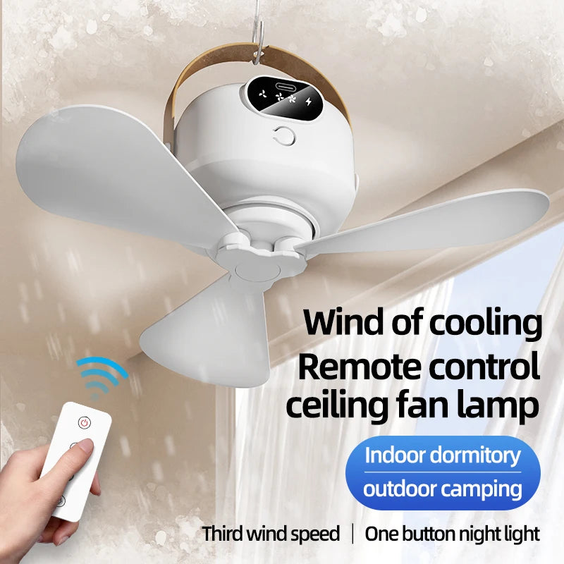 Portable Mini Ceiling Fans Outdoor Camping Fan Tent Ventilator Cooler Rechargeable Electric Fan Remote Control LED Lighting