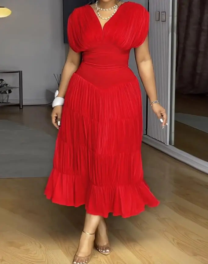 Womens Dresses 2025 Spring New Textured V Neck Sleeveless Ruched Ruffles Hem Dress Casual Waist A Line Party Midi Dress