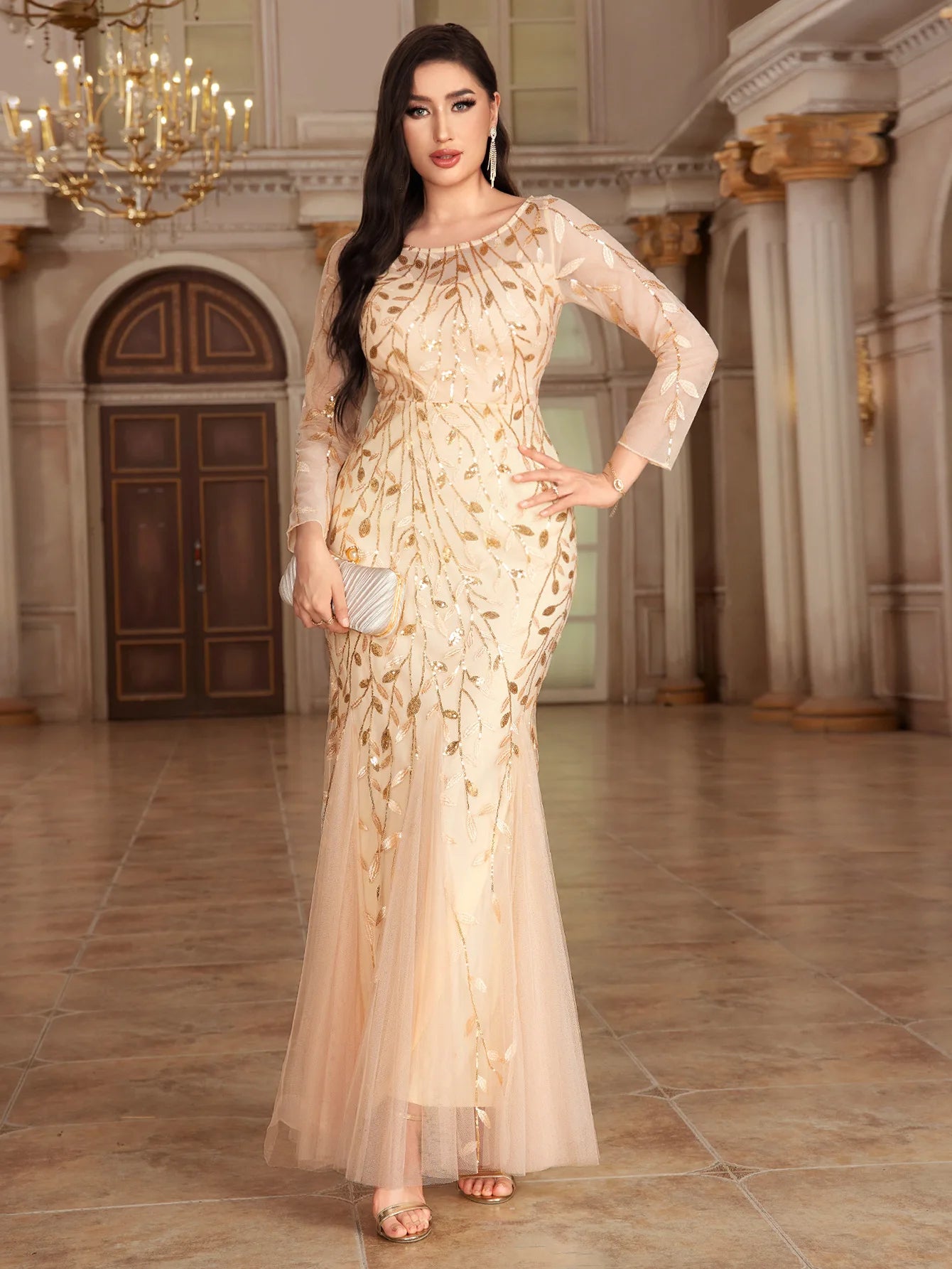 Elegant Round Neck Sequined Mermaid Long Formal Evening Dress With Long Sleeves
