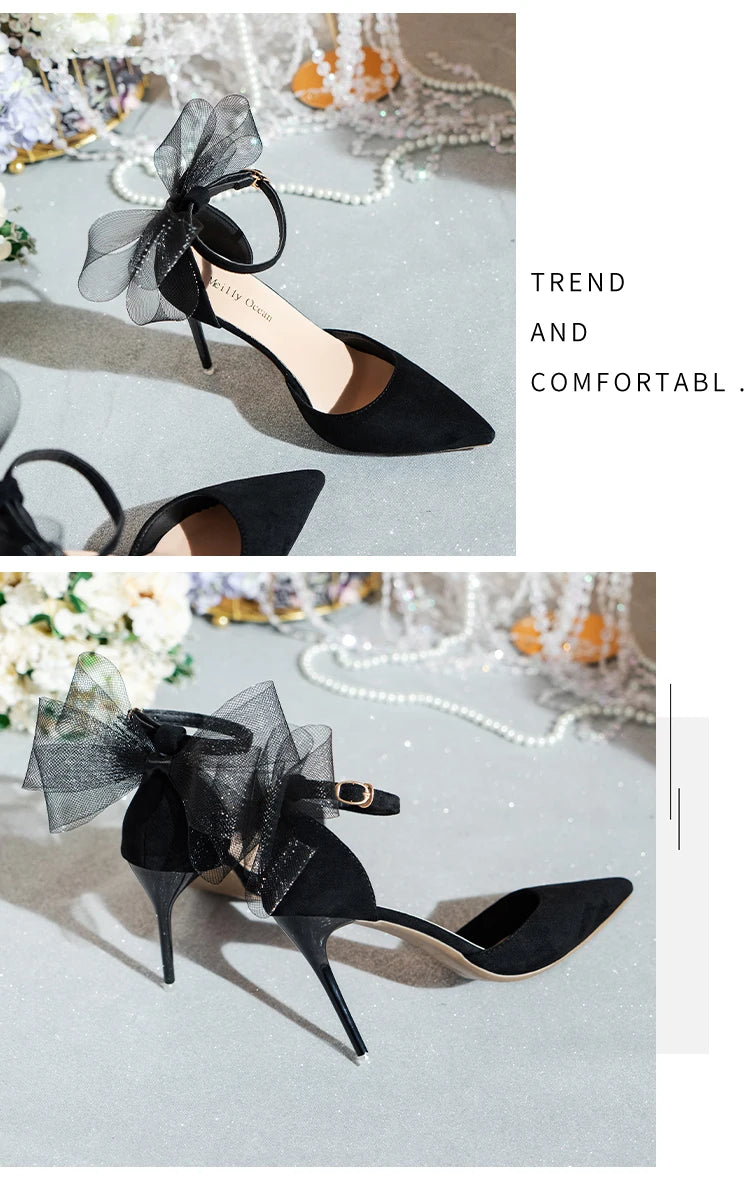 Fashion Silk Bowknot Satin Women Pumps Summer Pointed Toe High Heels Party Wedding Stripper Heels Lady Shoes Big size 45