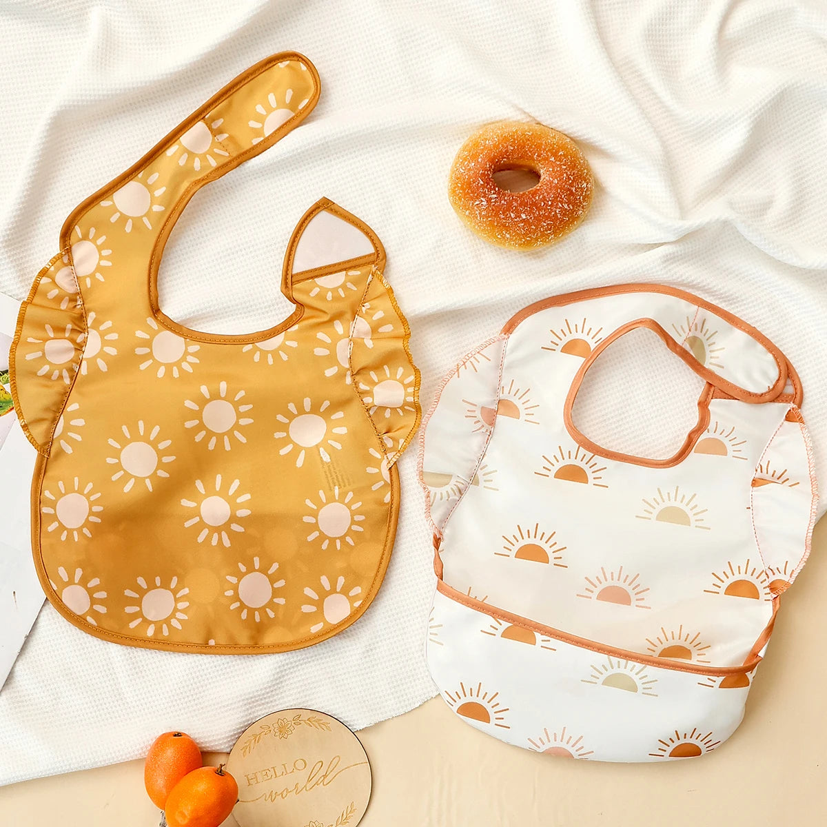 2Pcs/Set 100%Polyester Waterproof Baby Bibs,Lively and Adorable Shoulder Design Sleeveless Smock Feeding Bib Apron