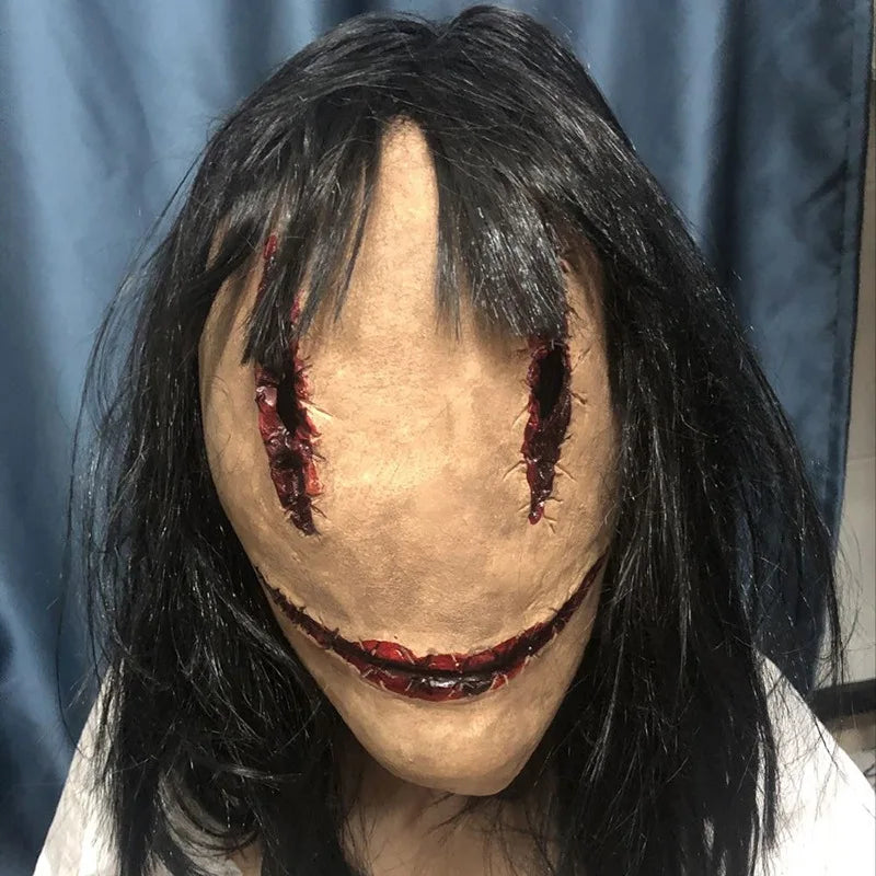 Halloween Horror Fancy Dress Party Mask Bloody lifelike Horror Smiley Cosplay Tricky Latex Pullover Mask With Hair Costume Props